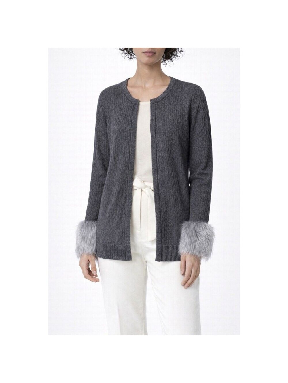 Chaus Gray Faux Fur Cuff Cardigan Sweater Women’s Size S